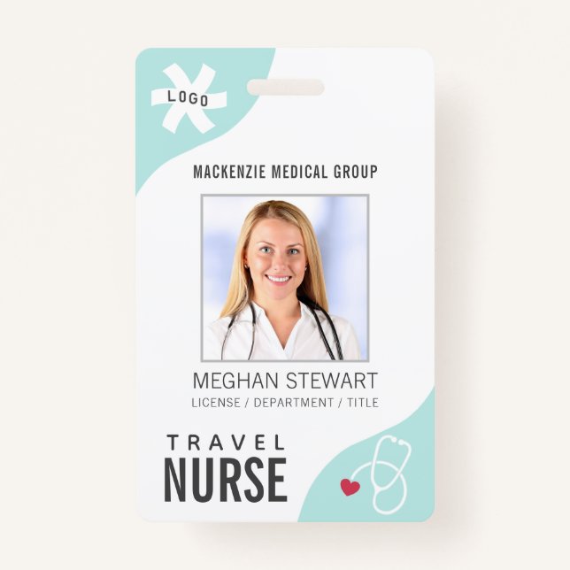 Medical Stethoscope Editable Mint TRAVEL NURSE ID Badge (Front)