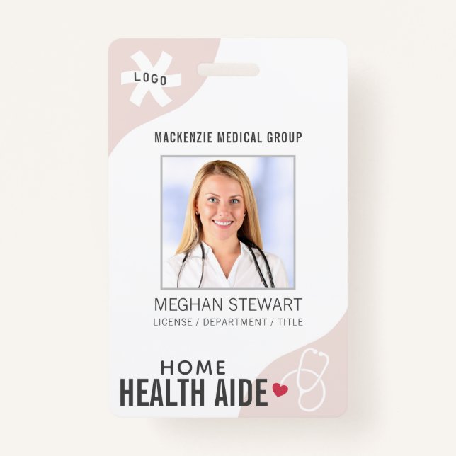 Medical Stethoscope Editable Pink HOME HEALTH AIDE ID Badge (Front)