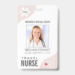 Medical Stethoscope Editable Pink TRAVEL NURSE ID Badge