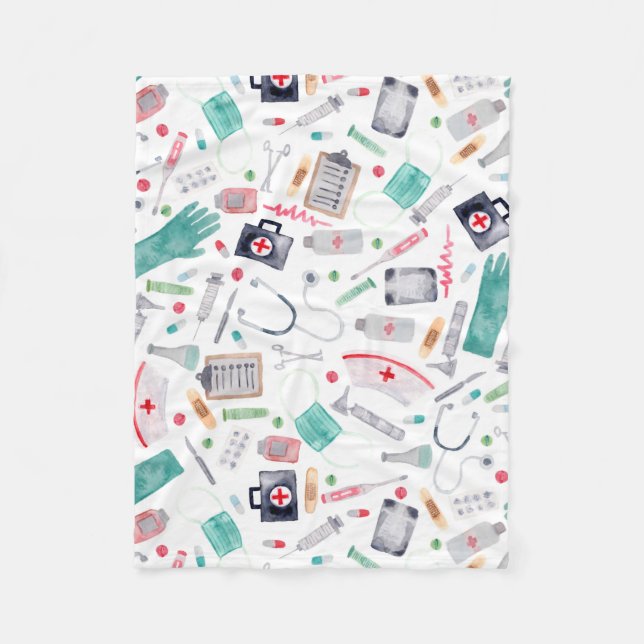 Medical Supplies in Watercolor Fleece Blanket (Front)