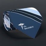 Medical Symbol Custom Name Navy Blue Striped Tie<br><div class="desc">Create a custom necktie to give as a perfect gift for Dad, Grandpa, friends or Wedding groomsman, best man. This "Medical Caduceus Symbol Custom Name Navy Blue Striped" necktie is customisable to add your name or monogram on it. You can click the "Customise it" to change the font style, sizes,...</div>