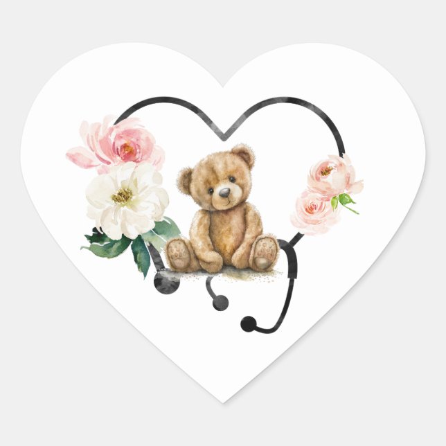 Medical Teddy Bear Floral Stethoscope  Heart Sticker (Front)