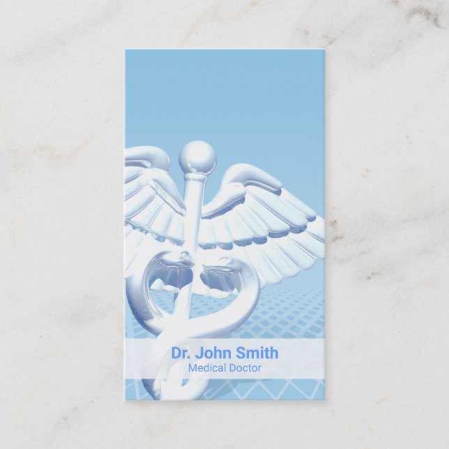 Medical White 3D Caduceus Blue Design Business Card (Front)
