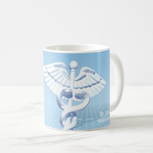 Medical White 3D Caduceus Blue Design Coffee Mug (Front Right)