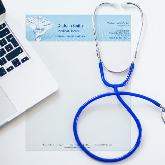 Medical White 3D Caduceus Blue Design Custom Letterhead