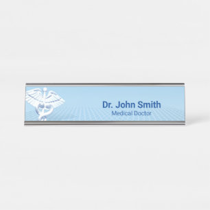Medical White 3D Caduceus Blue Design Desk Name Plate