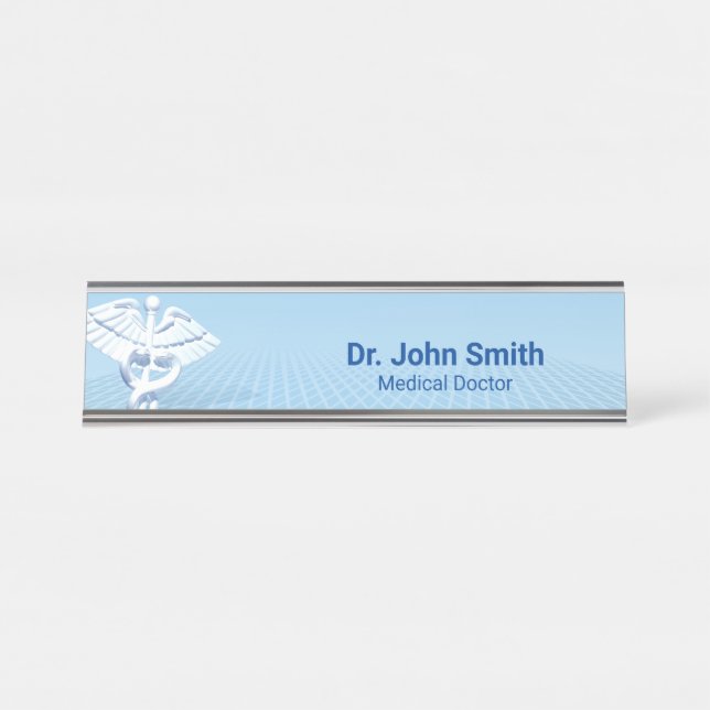 Medical White 3D Caduceus Blue Design Desk Name Plate (Front)