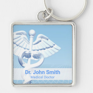 Medical White 3D Caduceus Blue Design Key Ring