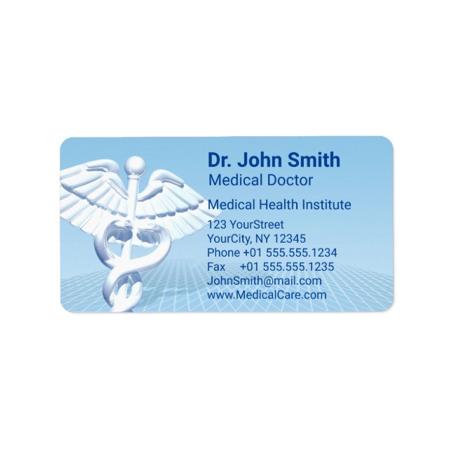 Medical White 3D Caduceus Blue Design Label (Front)