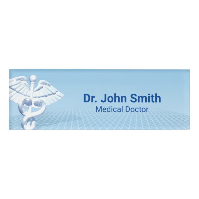 Medical White 3D Caduceus Blue Design Name Tag (Front)