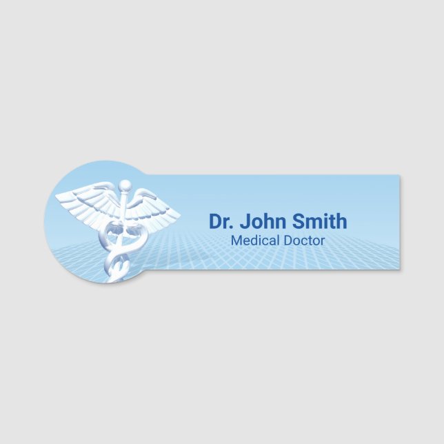 Medical White 3D Caduceus Blue Design Name Tag (Front)