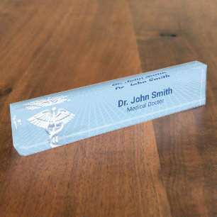 Medical White 3D Caduceus Blue Design Nameplate