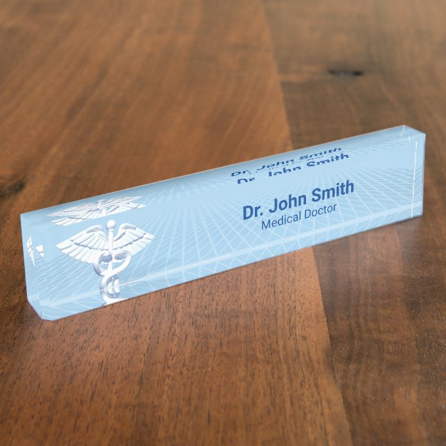 Medical White 3D Caduceus Blue Design Nameplate (Side)