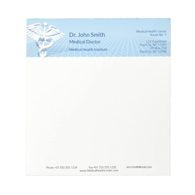 Medical White 3D Caduceus Blue Design Notepad (Front)