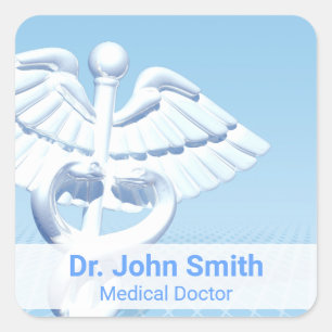 Medical White 3D Caduceus Blue Design Square Sticker