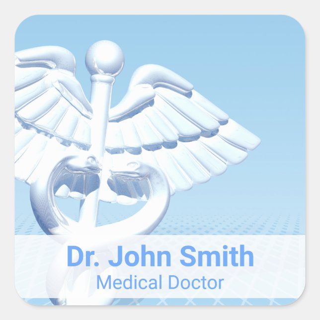 Medical White 3D Caduceus Blue Design Square Sticker (Front)