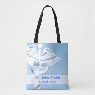 Medical White 3D Caduceus Blue Design Tote Bag