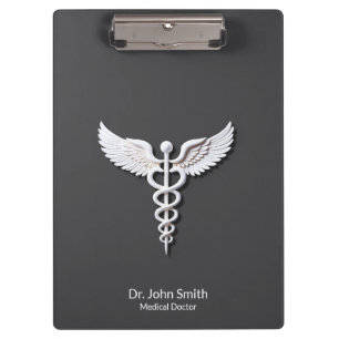 Medical White Clean Detailed Caduceus Anthracite Clipboard