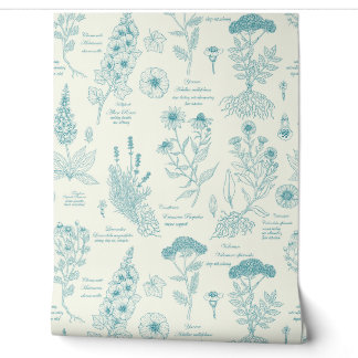 Medicinal Garden Herbarium in blue and off white Wallpaper