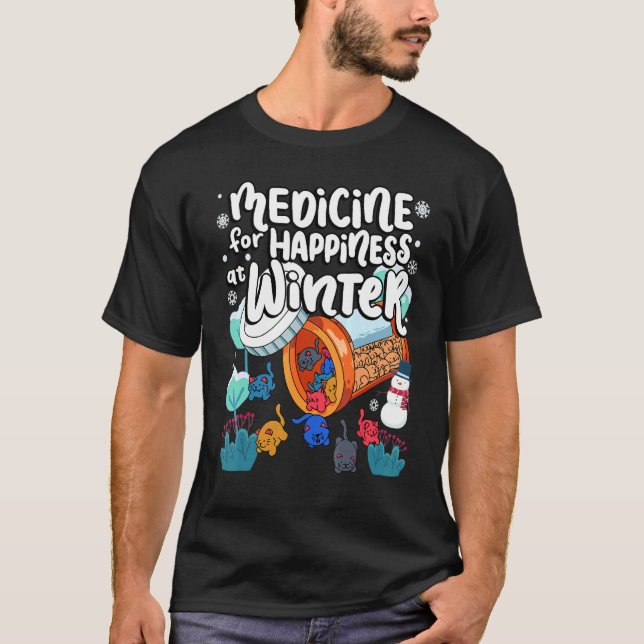 Medicine For Happiness At Winter Cat Gummies Eater T-Shirt (Front)