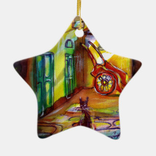 MEDIEVAL ALLEY BY NIGHT IN FLORENCE Black Cat Star Ceramic Tree Decoration