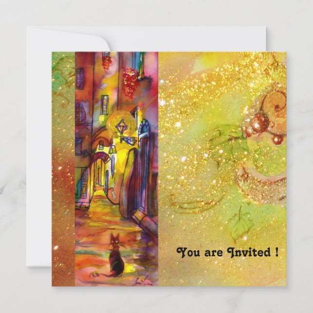 MEDIEVAL ALLEY BY NIGHT IN FLORENCE,red yellow Invitation (Front)