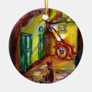 MEDIEVAL ALLEY BY NIGHT IN FLORENCE WITH BLACK CAT CERAMIC TREE DECORATION