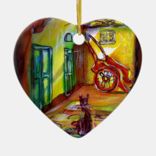 MEDIEVAL ALLEY BY NIGHT IN FLORENCE WITH BLACK CAT CERAMIC TREE DECORATION