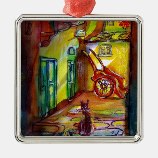 MEDIEVAL ALLEY BY NIGHT IN FLORENCE WITH BLACK CAT METAL ORNAMENT (Front)