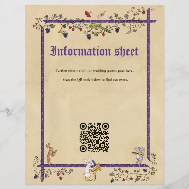 Medieval animals wedding information sheet with QR (Front)