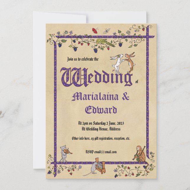 Medieval animals wedding invitation (dark purple) (Front)