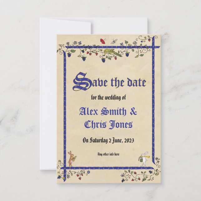 Medieval animals wedding save the date card (Front)