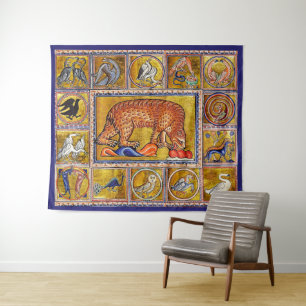 MEDIEVAL BESTIARY,BEAR,FOREST ANIMALS TAPESTRY