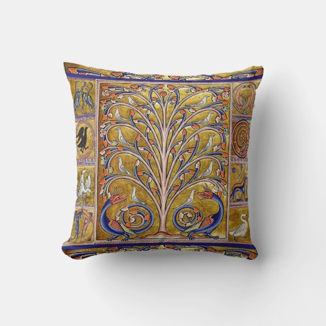 MEDIEVAL BESTIARY,BIRDS ON TREE OF LIFE,DRAGONS  CUSHION (Front)