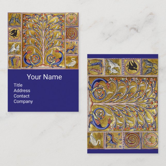 MEDIEVAL BESTIARY,BIRDS,TREE OF LIFE,DRAGONS Blue Business Card (Front/Back)
