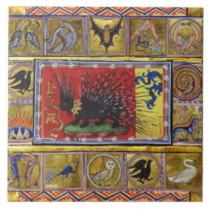 MEDIEVAL BESTIARY,BLACK HEDGEHOG KING and ANIMALS  Ceramic Tile
