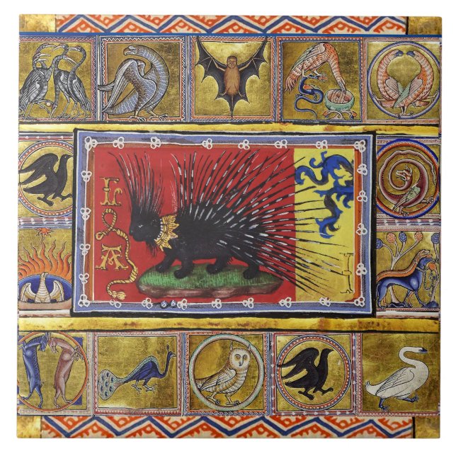 MEDIEVAL BESTIARY,BLACK HEDGEHOG KING and ANIMALS  Ceramic Tile (Front)