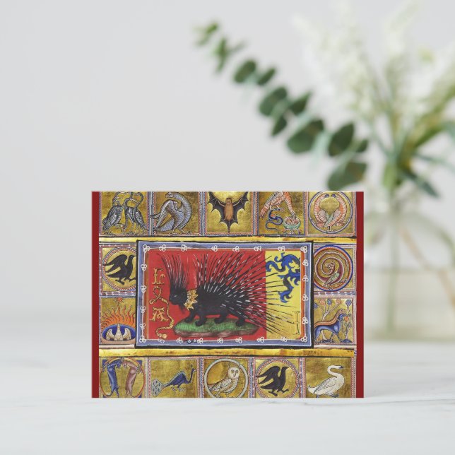 MEDIEVAL BESTIARY,BLACK HEDGEHOG KING and ANIMALS  Postcard (Standing Front)