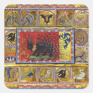 MEDIEVAL BESTIARY,BLACK HEDGEHOG KING and ANIMALS Square Sticker