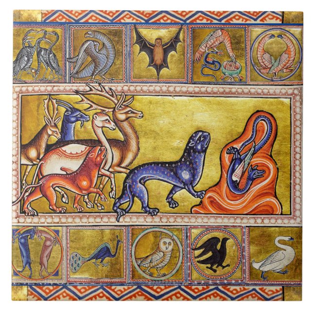 MEDIEVAL BESTIARY,DEERS,GOAT,CAMEL PANTHER,DRAGON CERAMIC TILE (Front)