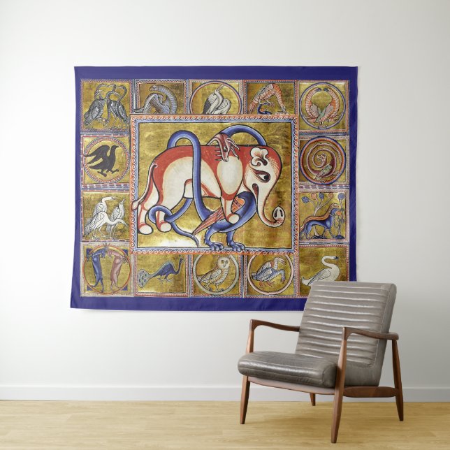 MEDIEVAL BESTIARY,ELEPHANT COMBATTING SNAKE DRAGON TAPESTRY (In Situ (Horizontal))
