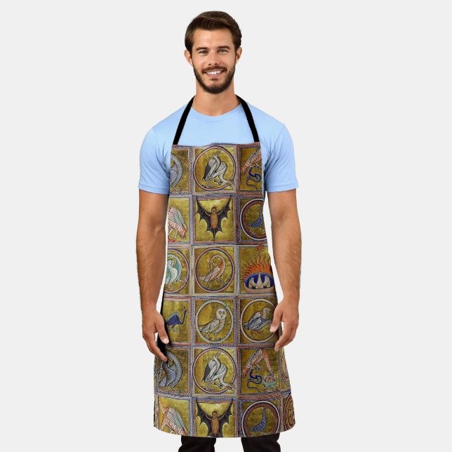 MEDIEVAL BESTIARY, FANTASTIC ANIMALS,GOLD RED BLUE APRON (Worn)