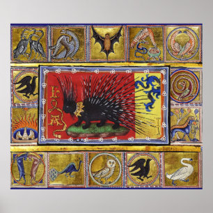 MEDIEVAL BESTIARY, FANTASTIC ANIMALS,GOLD RED BLUE POSTER