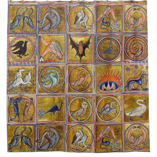 MEDIEVAL BESTIARY, FANTASTIC ANIMALS,GOLD RED BLUE SHOWER CURTAIN
