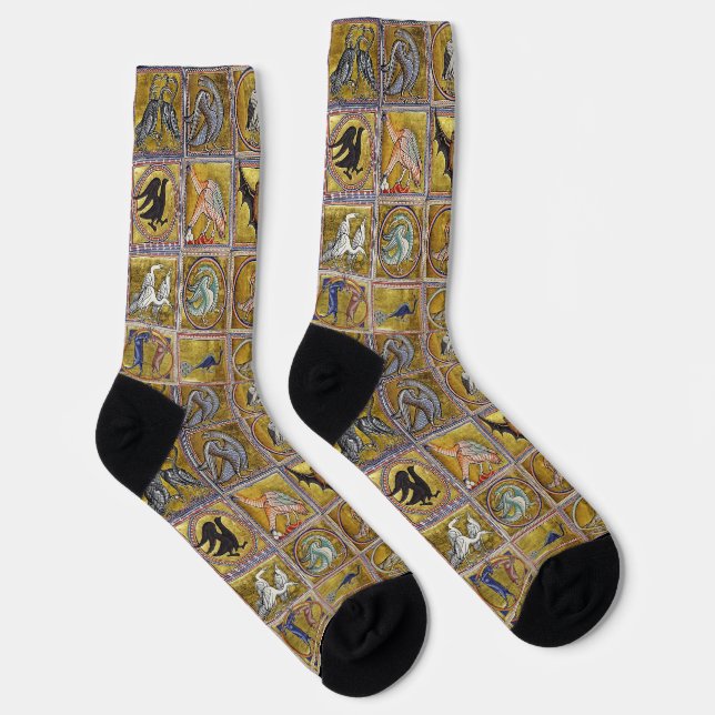 MEDIEVAL BESTIARY, FANTASTIC ANIMALS,GOLD RED BLUE SOCKS (Right)