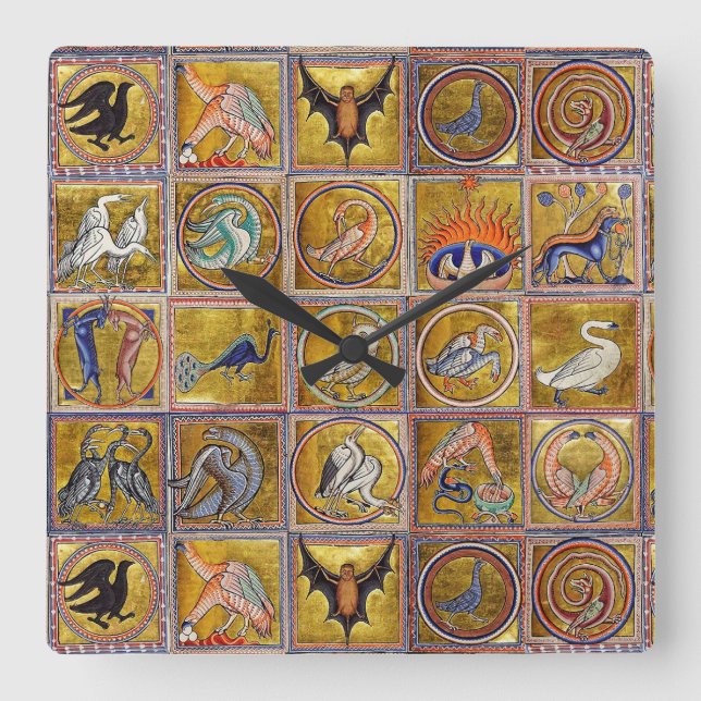 MEDIEVAL BESTIARY, FANTASTIC ANIMALS,GOLD RED BLUE SQUARE WALL CLOCK (Front)