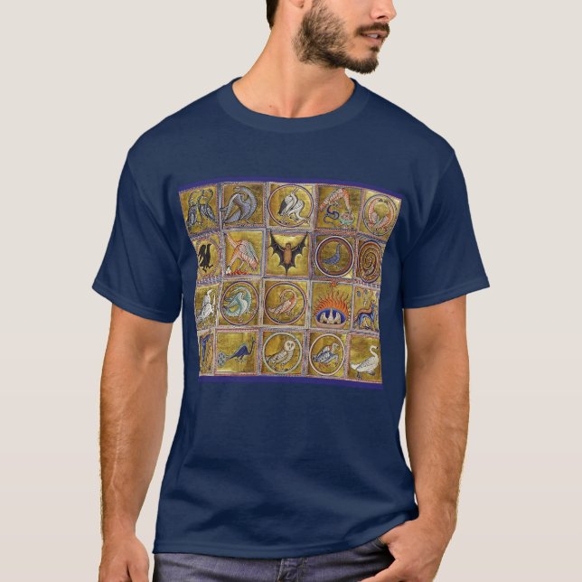 MEDIEVAL BESTIARY, FANTASTIC ANIMALS,GOLD RED BLUE T-Shirt (Front)