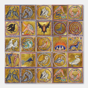 MEDIEVAL BESTIARY, FANTASTIC ANIMALS,GOLD RED BLUE WALLPAPER