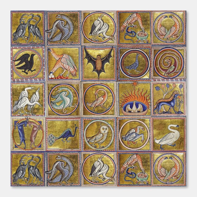 MEDIEVAL BESTIARY, FANTASTIC ANIMALS,GOLD RED BLUE WALLPAPER (Front)