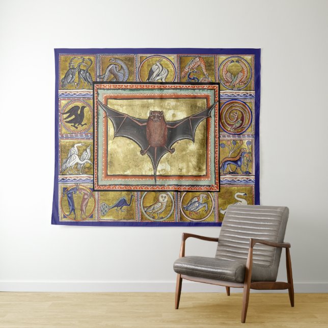 MEDIEVAL BESTIARY,FLYING BAT,FOREST ANIMALS TAPESTRY (In Situ (Horizontal))